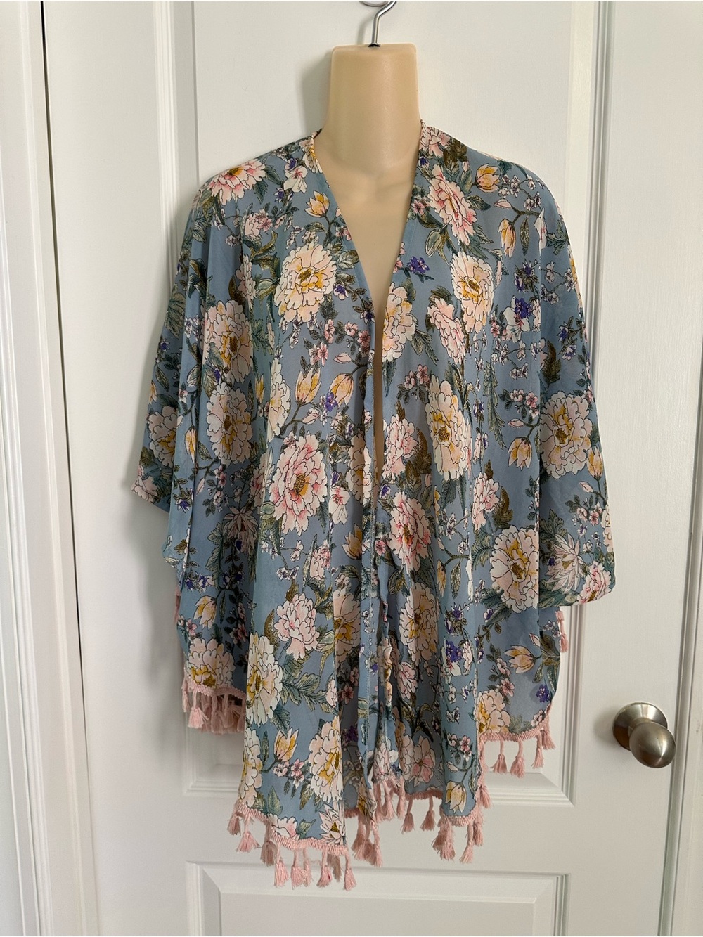 OS teal floral kimono features delicate pink tassel fringe